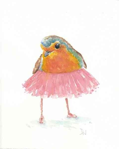 水彩画：美萌的小鸟穿上红裙，舞出我人生
